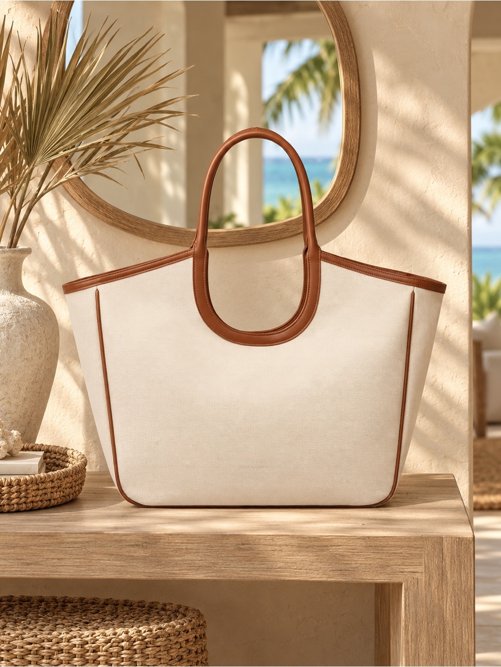 Canvas Tote with Brown Trim - Neutral Everyday Carry